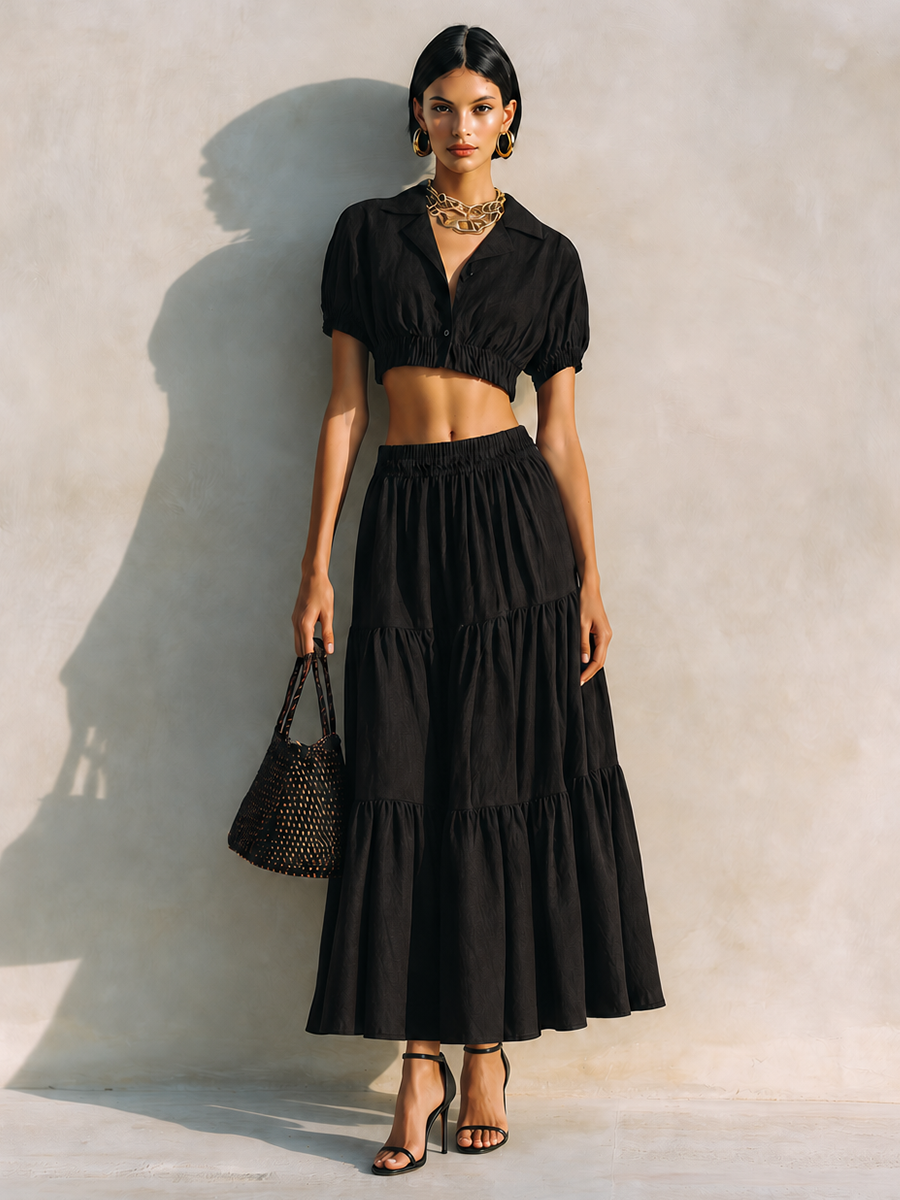 Women's Minimalist Linen-Blend Collared Short-Sleeve Cropped Top & Tiered Midi Skirt Set MDZ2628F5ZRK