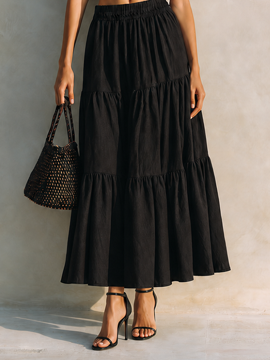 Women's Minimalist Linen-Blend Collared Short-Sleeve Cropped Top & Tiered Midi Skirt Set MDZ2628F5ZRK