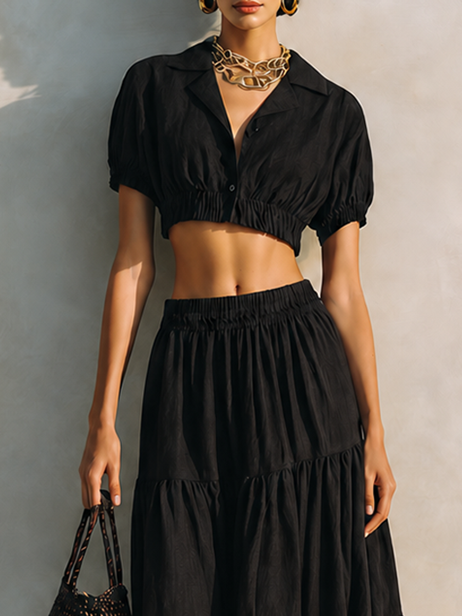 Women's Minimalist Linen-Blend Collared Short-Sleeve Cropped Top & Tiered Midi Skirt Set MDZ2628F5ZRK