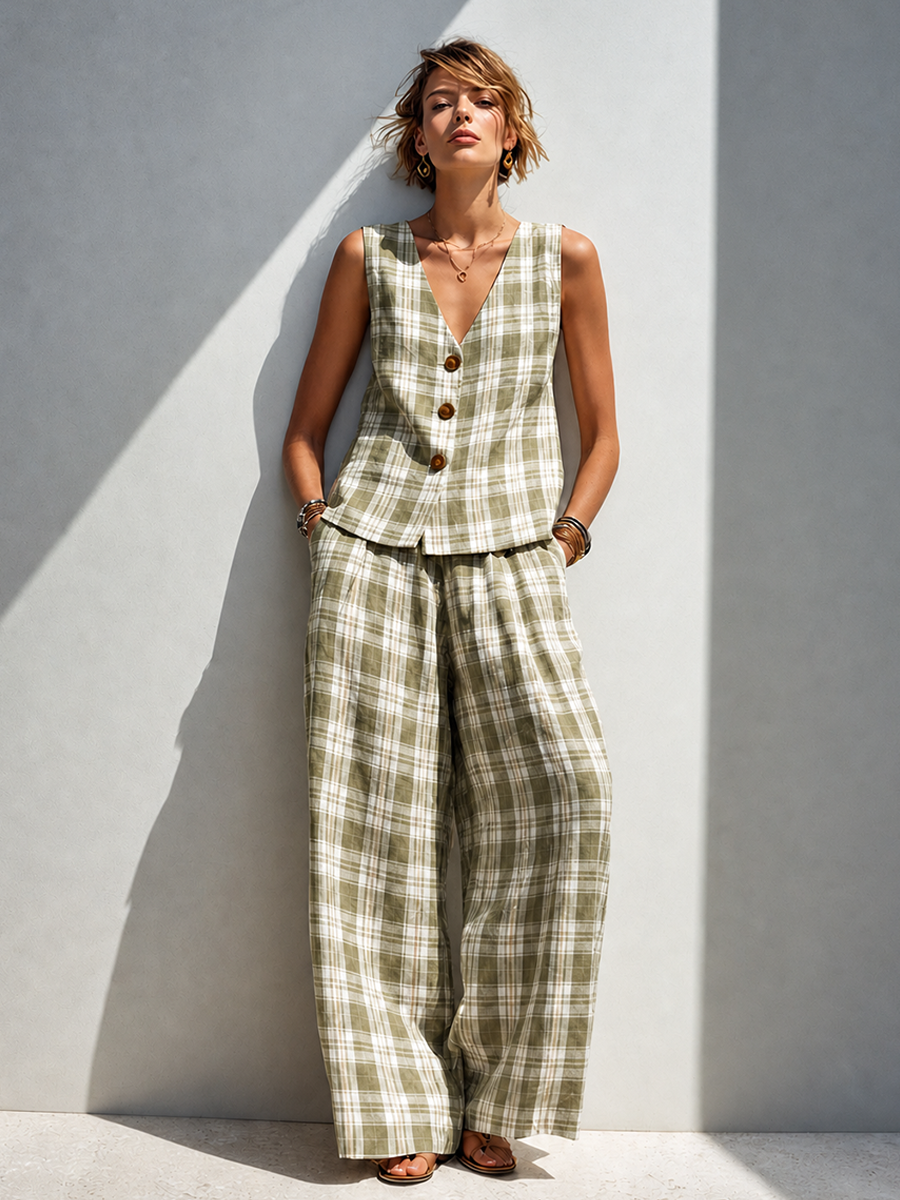 Women's Minimalist Linen-Blend Green Plaid V-Neck Sleeveless Vest & Wide-Leg Pants Set MDZ2606F7ZRK