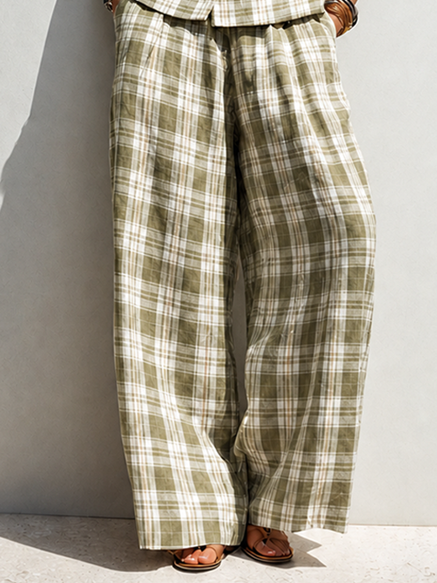 Women's Minimalist Linen-Blend Green Plaid V-Neck Sleeveless Vest & Wide-Leg Pants Set MDZ2606F7ZRK