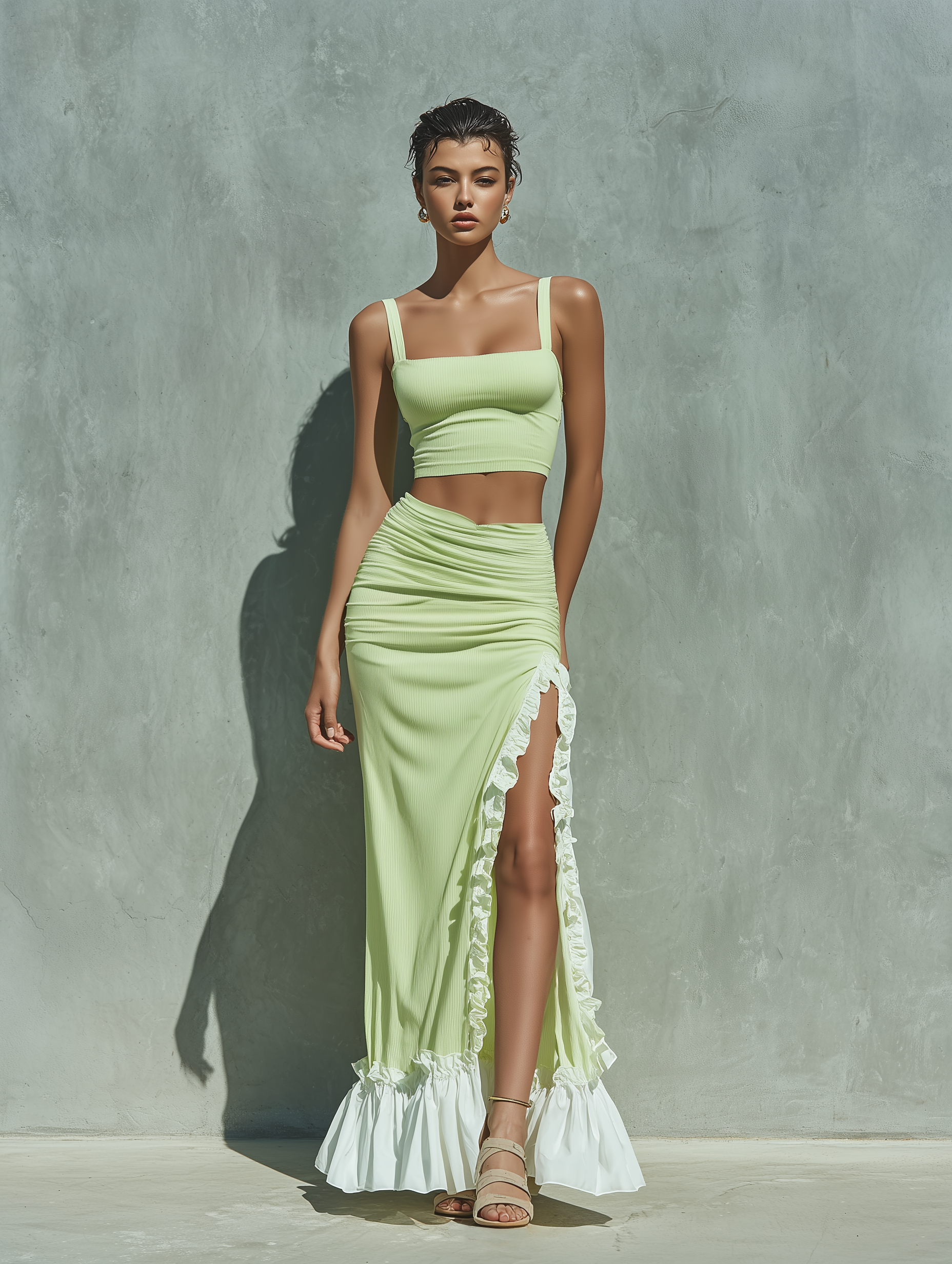 Women’s Light Green Ribbed Square Neck Spaghetti Strap Crop Cami Top & High Waist Ruched Side White Ruffle Split Mermaid Maxi Skirt Two-Piece Set MDZ2639F6T