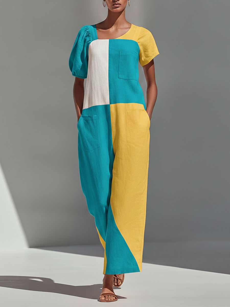 Women's Turquoise Yellow White Color Block Linen Jumpsuit With Asymmetric Neck & Multi Patch Pockets, Vibrant Summer Casual Wide Leg Jumpsuit MDZ2686F0LYL