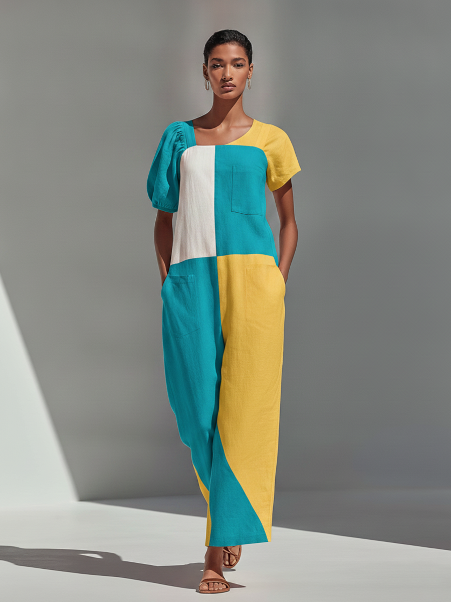 Women's Turquoise Yellow White Color Block Linen Jumpsuit With Asymmetric Neck & Multi Patch Pockets, Vibrant Summer Casual Wide Leg Jumpsuit MDZ2686F0LYL