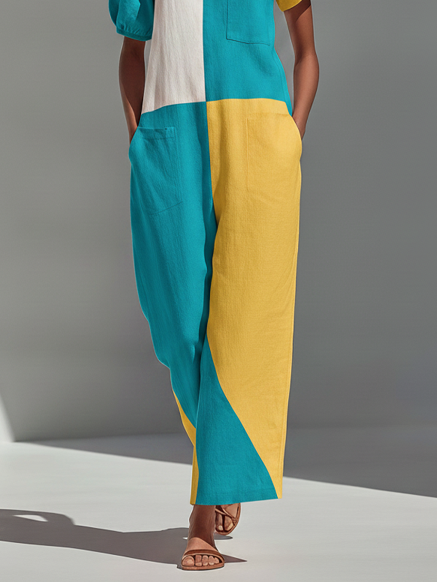 Women's Turquoise Yellow White Color Block Linen Jumpsuit With Asymmetric Neck & Multi Patch Pockets, Vibrant Summer Casual Wide Leg Jumpsuit MDZ2686F0LYL