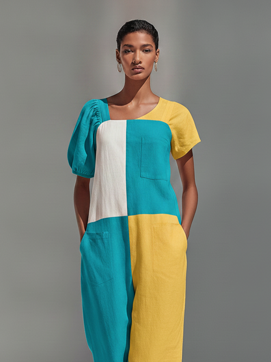 Women's Turquoise Yellow White Color Block Linen Jumpsuit With Asymmetric Neck & Multi Patch Pockets, Vibrant Summer Casual Wide Leg Jumpsuit MDZ2686F0LYL