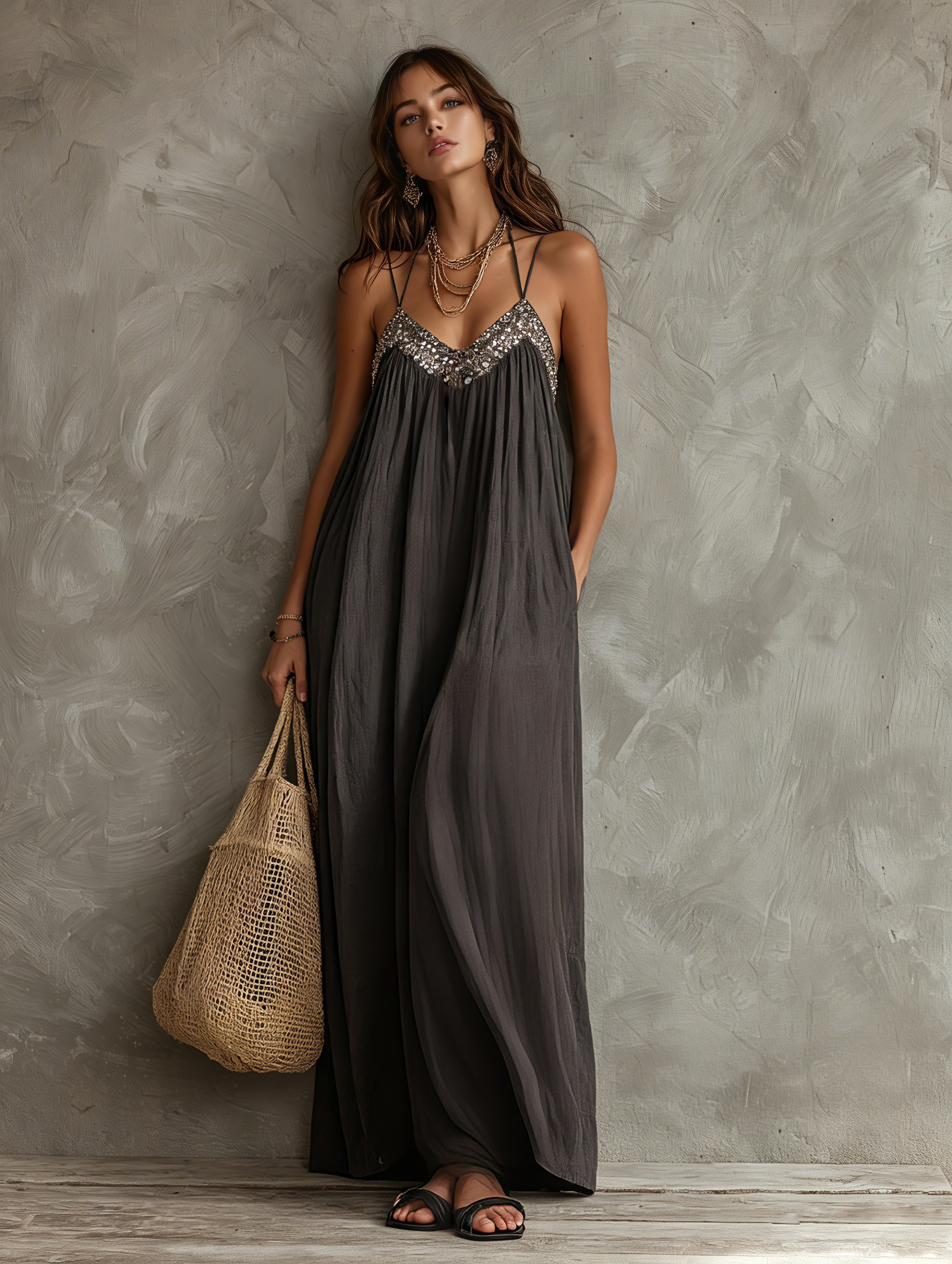 Women's Casual Dark Grey Woven V-neck Maxi Dress Featuring