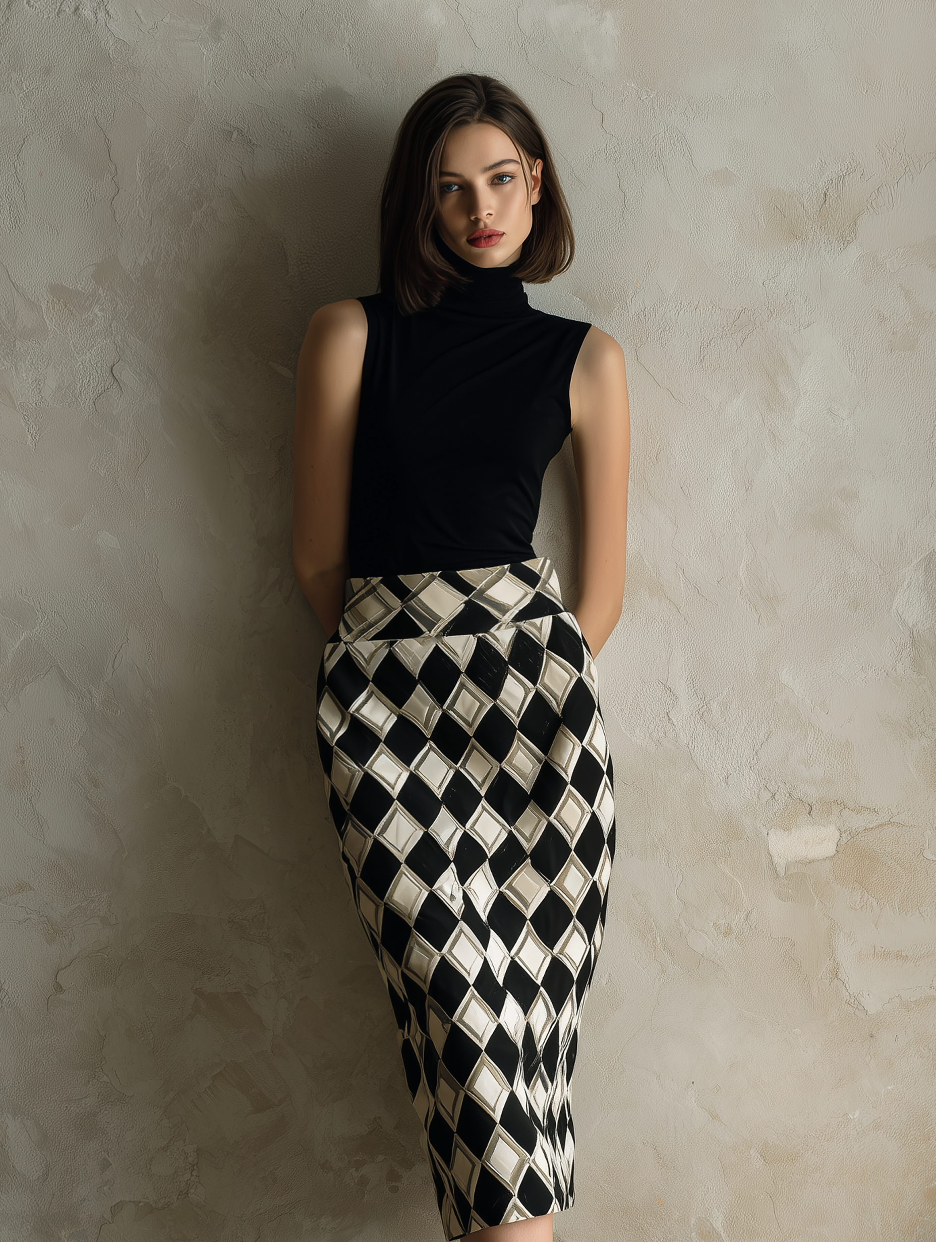 Women's Casual Black Stretch-knit Sleeveless High-neck Top Paired With A Geometric-print Woven Skirt MDZ2696F3LXY