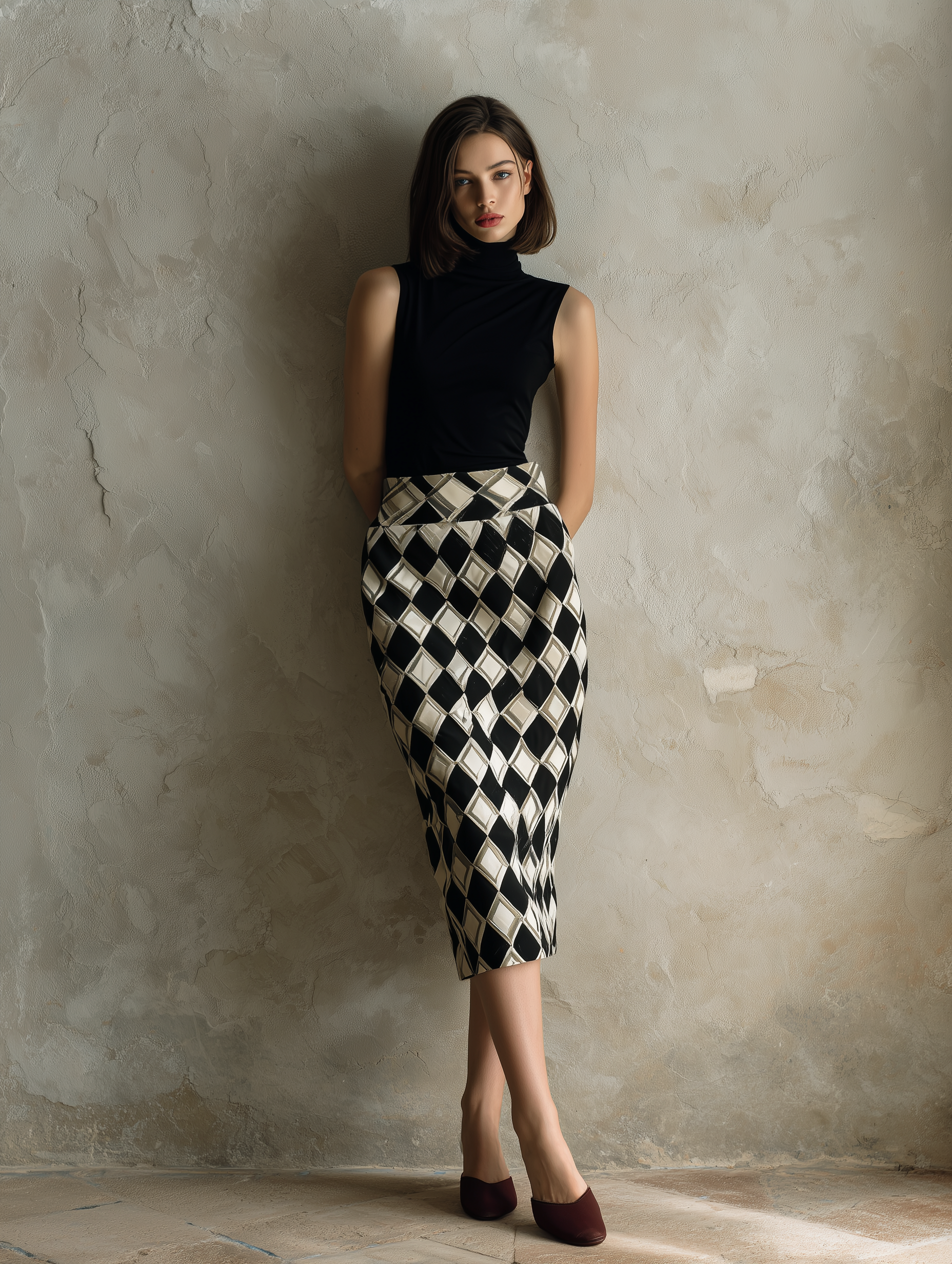 Women's Casual Black Stretch-knit Sleeveless High-neck Top Paired With A Geometric-print Woven Skirt MDZ2696F3LXY