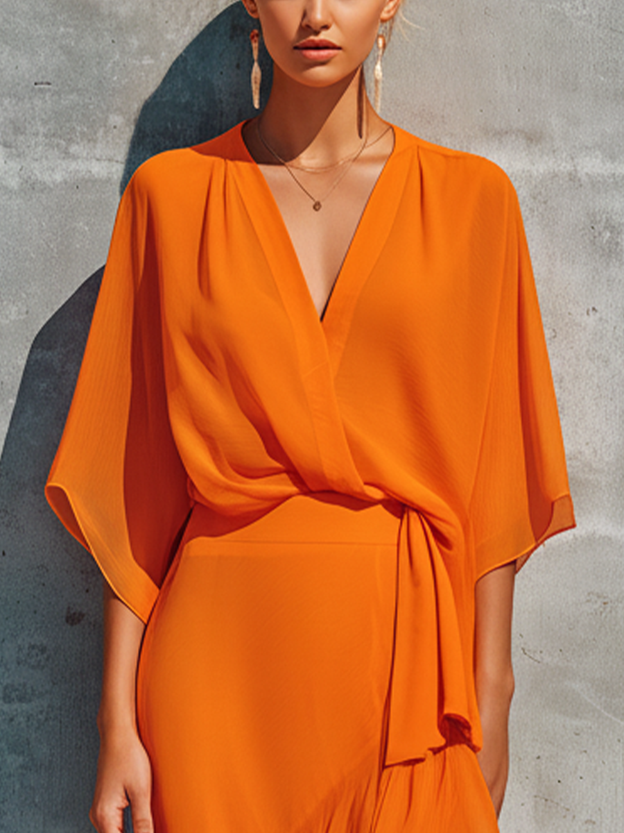Women's Orange Chiffon Wrap Top And Asymmetric Ruffled Midi Skirt Set MDZ2662F6T