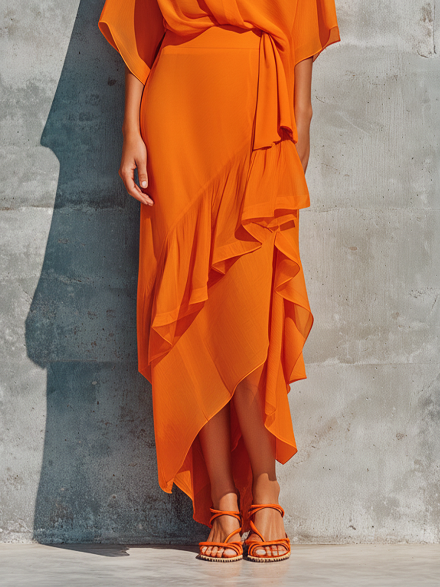 Women's Orange Chiffon Wrap Top And Asymmetric Ruffled Midi Skirt Set MDZ2662F6T