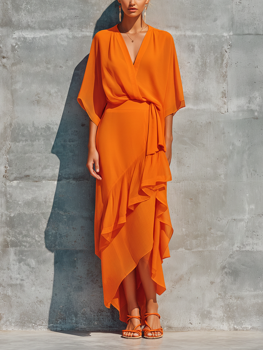Women's Orange Chiffon Wrap Top And Asymmetric Ruffled Midi Skirt Set MDZ2662F6T
