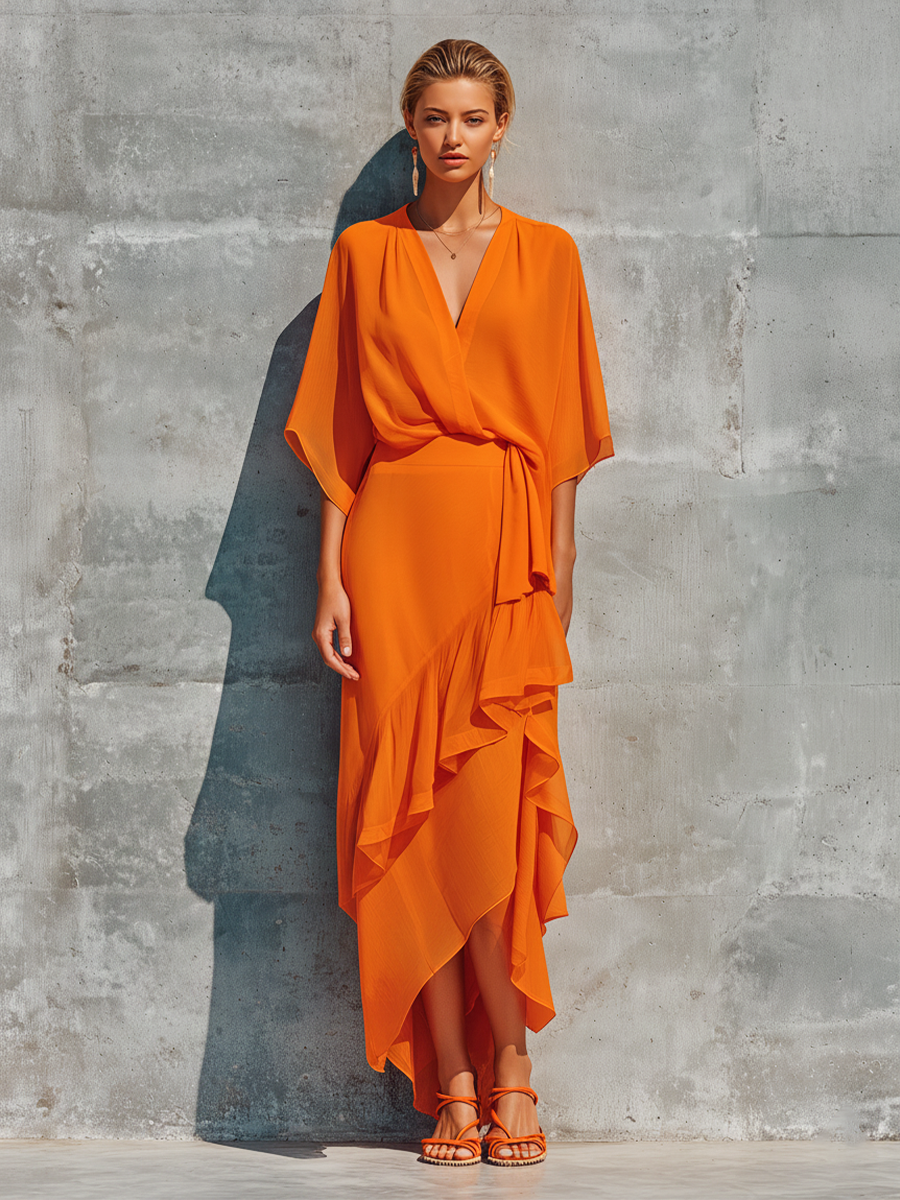 Women's Orange Chiffon Wrap Top And Asymmetric Ruffled Midi Skirt Set MDZ2662F6T