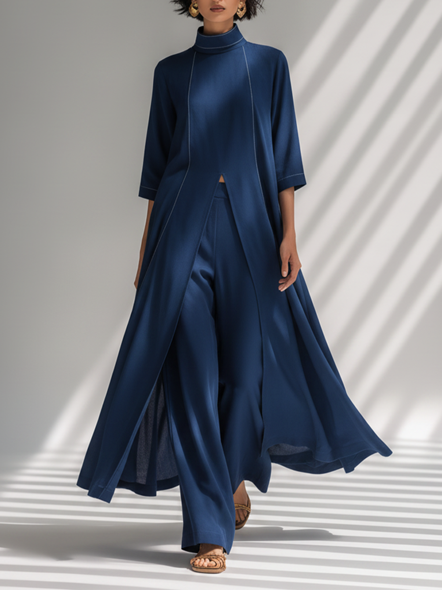 Women's Navy Blue Light Chiffon Co-Ord With Contrast White Stitch Seam Tunic & High Waist Flowy Trousers, Modern Effortless-Chic Smart Casual Two-Piece Set MDZ2943F9LYL
