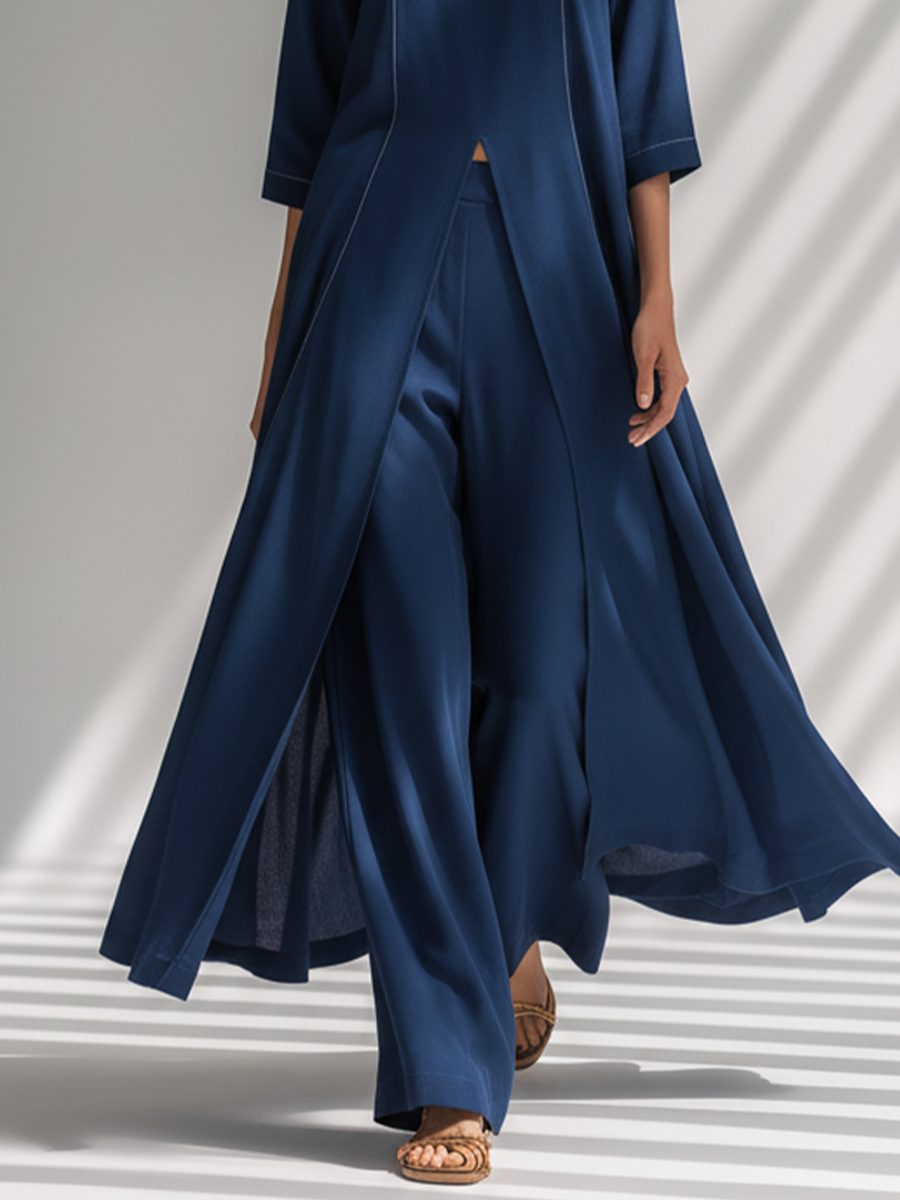 Women's Navy Blue Light Chiffon Co-Ord With Contrast White Stitch Seam Tunic & High Waist Flowy Trousers, Modern Effortless-Chic Smart Casual Two-Piece Set MDZ2943F9LYL