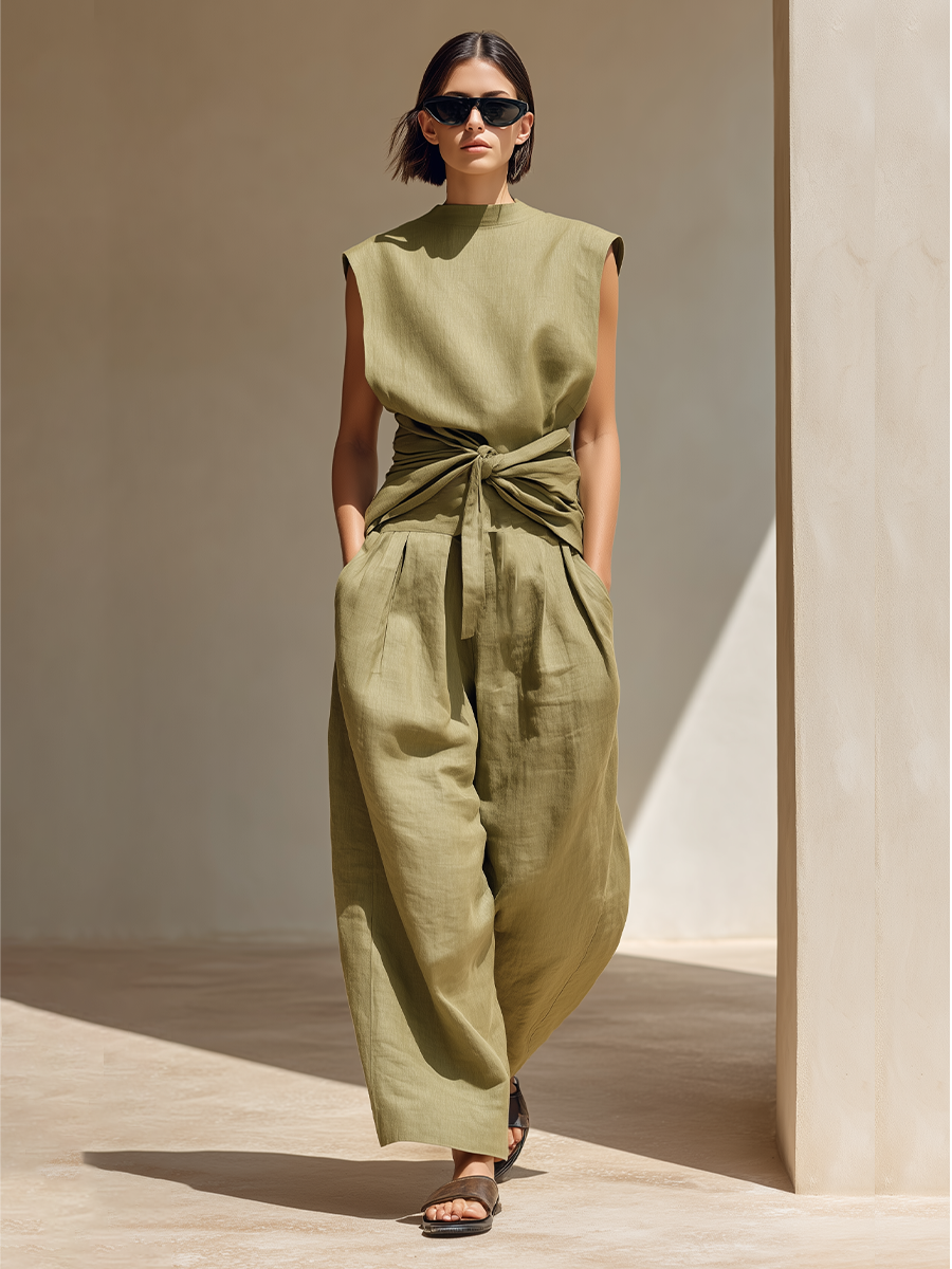 Women's Olive Green Linen Jumpsuit With Sleeveless Mock Neck & Front Waist Wrap Tie, Minimalist Resort Wide Leg Linen Jumpsuit MDZ3015F7LYL