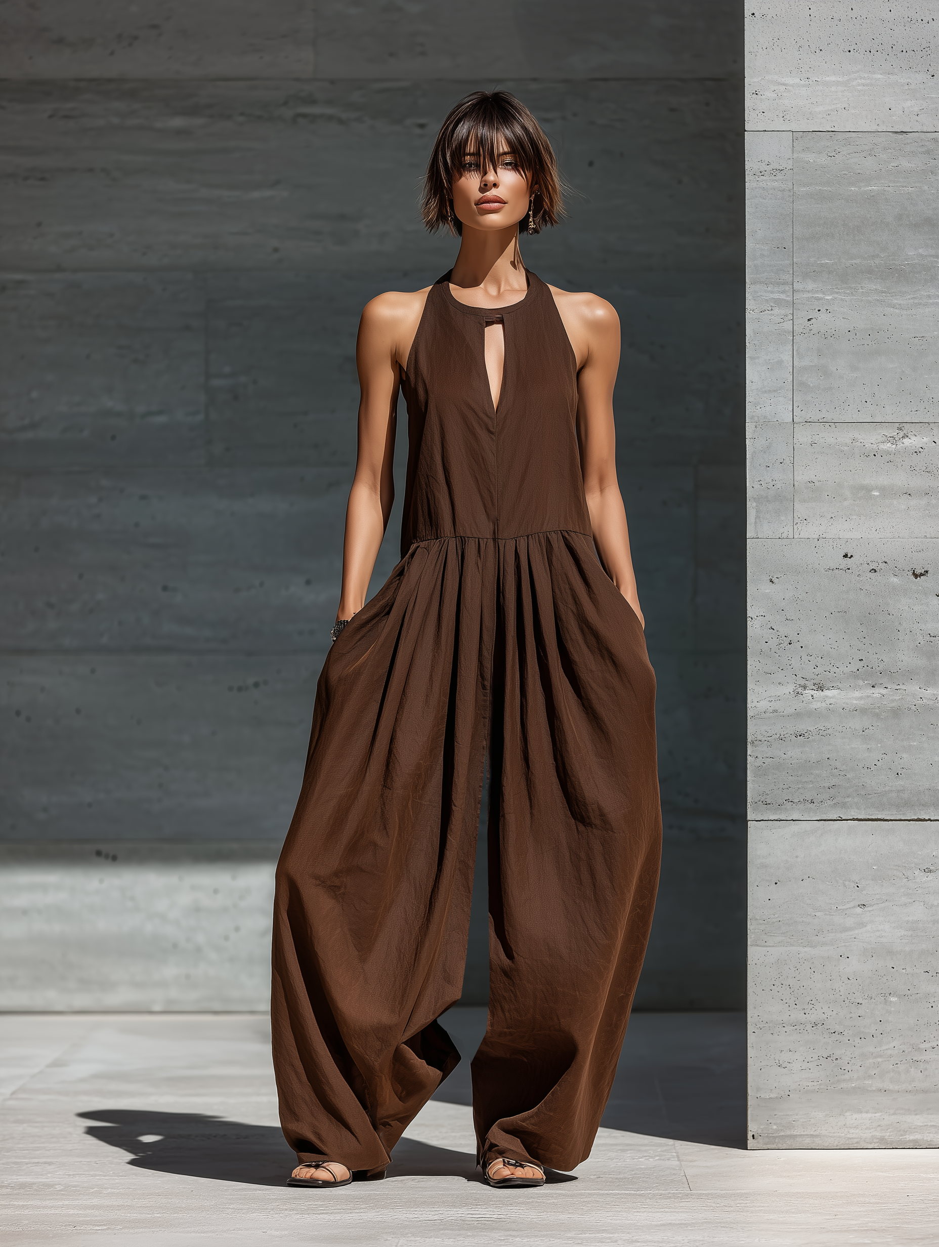 Women’s Casual Resort Wear Brown Sleeveless Keyhole Detail Pleated Waist Extra Wide Leg Pocket Jumpsuit MDZ3003F1T
