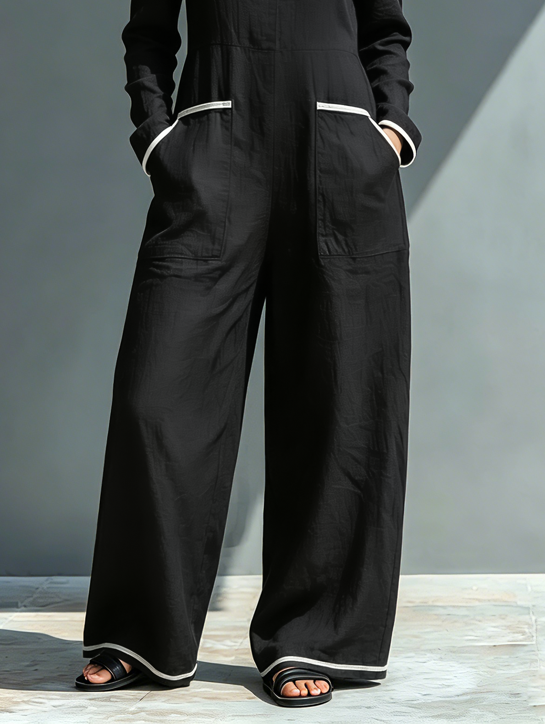 Women's Minimalist Casual Off-Shoulder Long-Sleeve Jumpsuit With White Trim MDZ3037F1WY