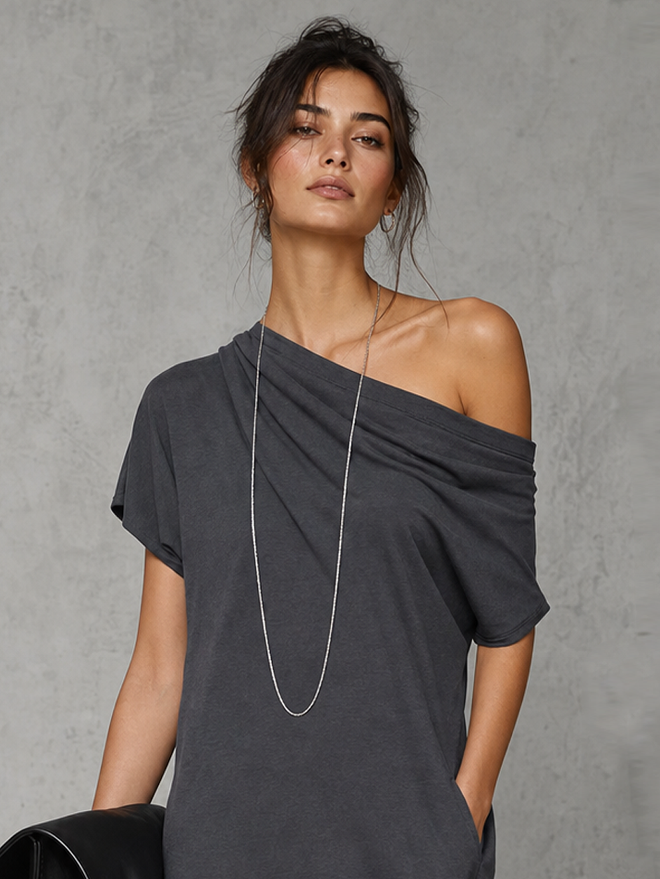 Women's Minimalist Stretch Knit One-Shoulder Short-Sleeve Straight-Cut Mini Dress MDZ3019F1WY