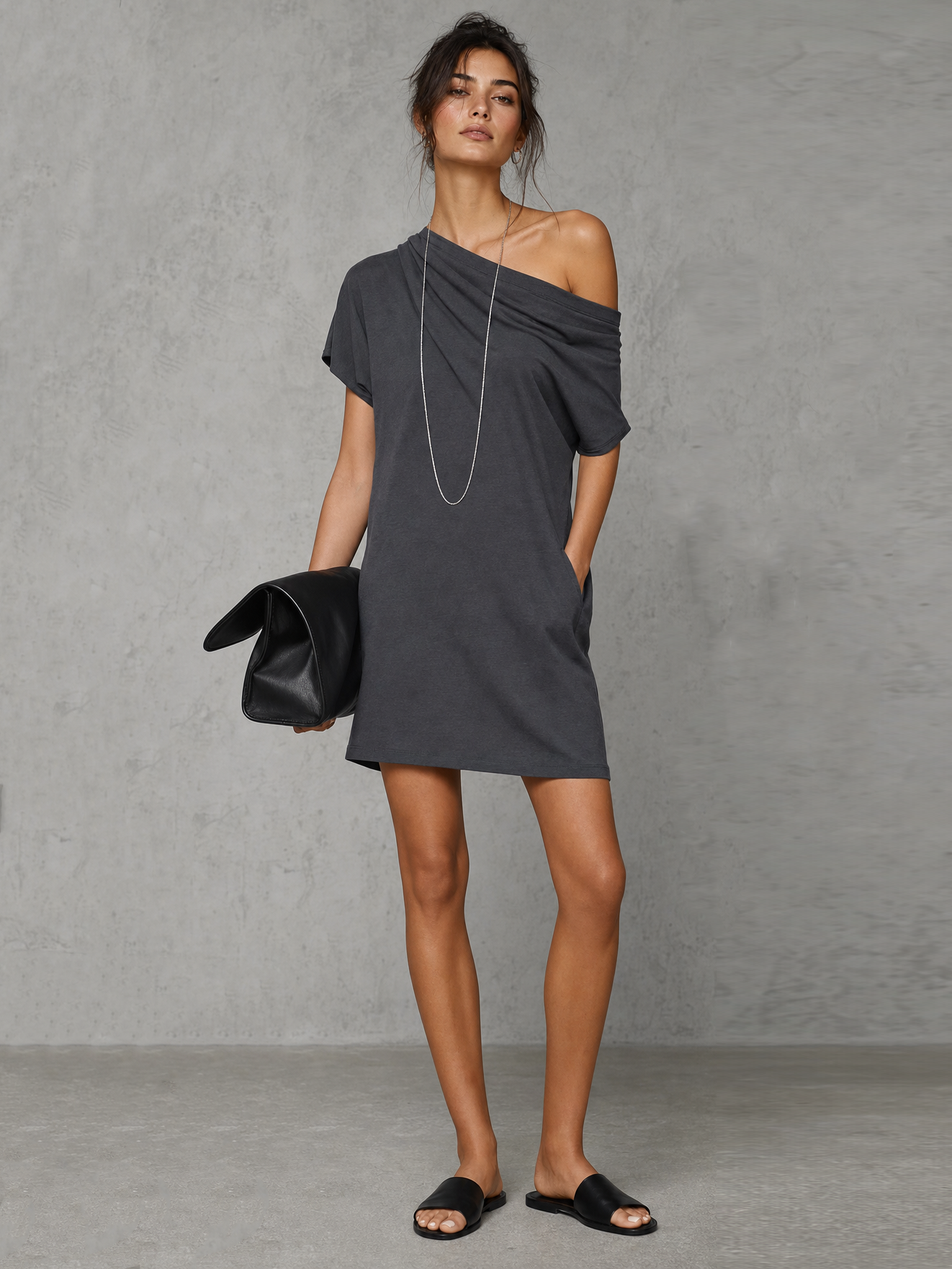 Women's Minimalist Stretch Knit One-Shoulder Short-Sleeve Straight-Cut Mini Dress MDZ3019F1WY