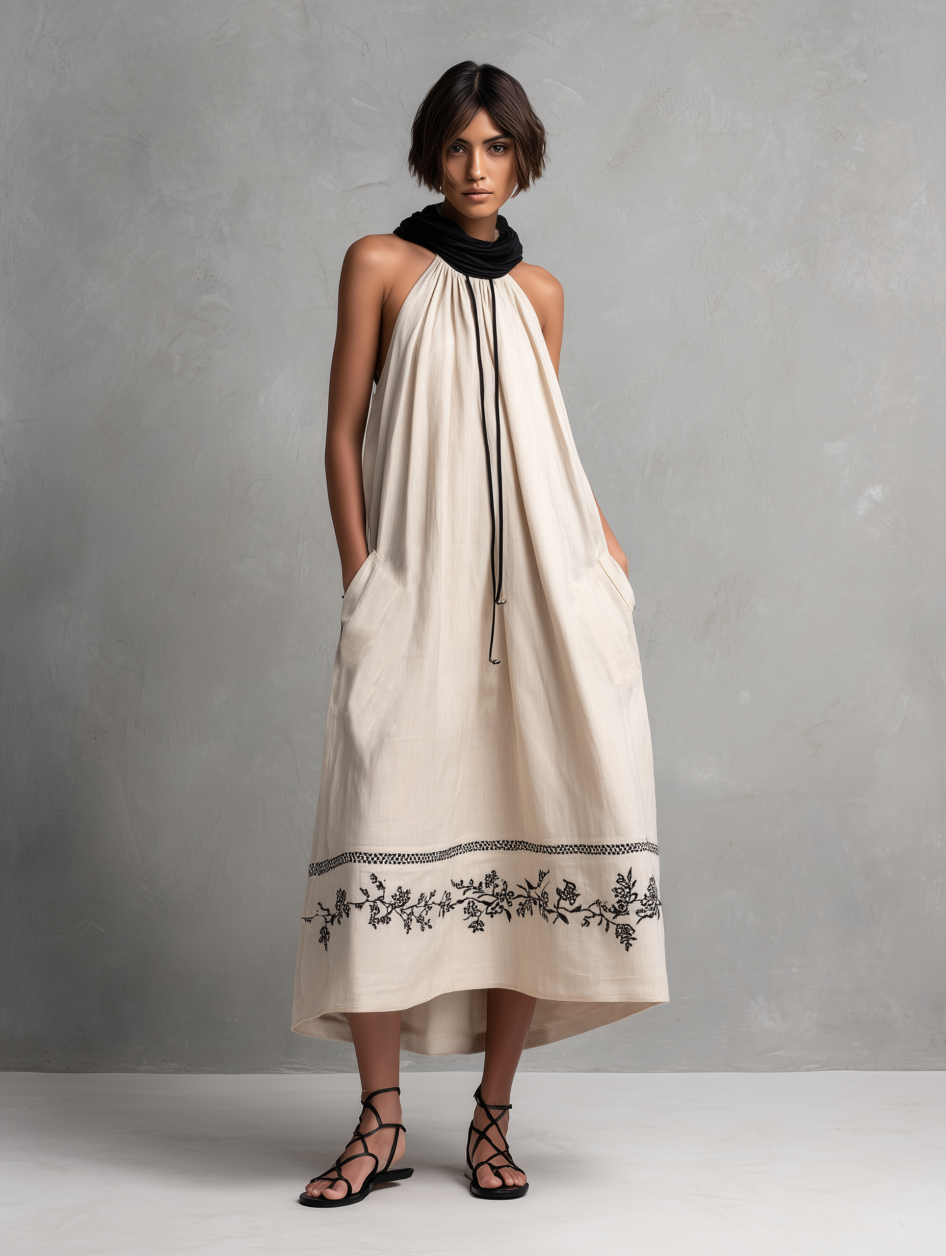 Women's Minimalist Color-Block Sleeveless Maxi Dress With Embroidered Hem MDZ3053F9WY