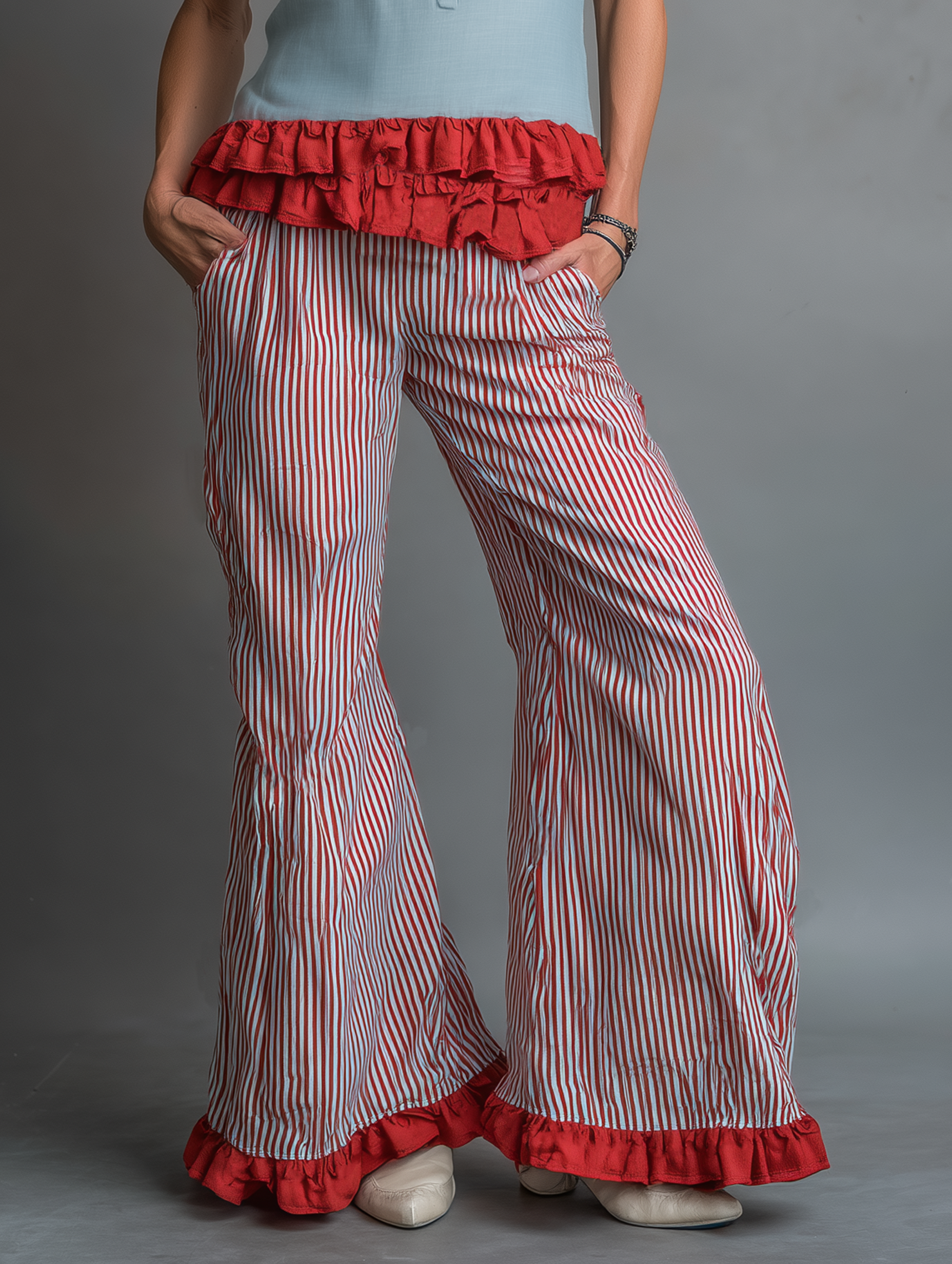 Women's Minimalist Camisole And Wide-leg Trousers Set With A Striped, Ruffled Hem MDZ3097F9WY