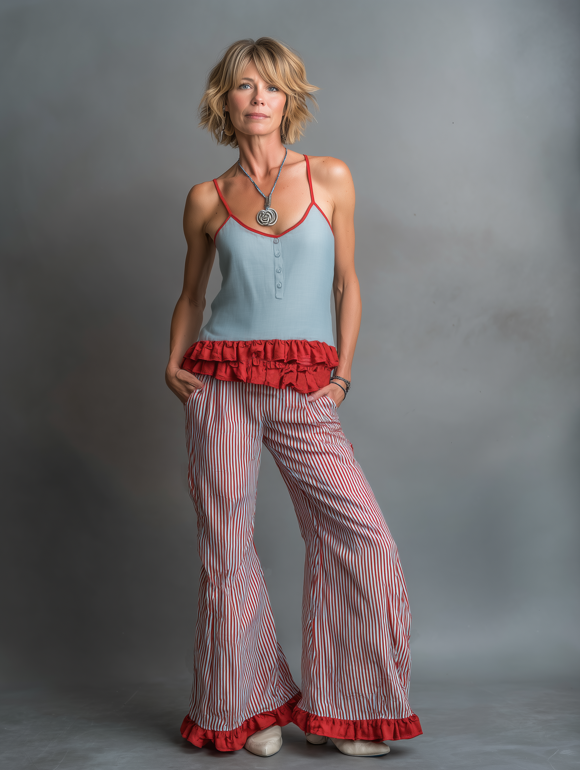 Women's Minimalist Striped Wide-Leg Pants With Ruffled Hem MDZ3071F3WY