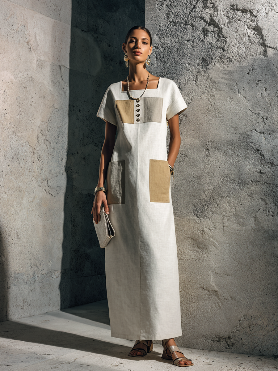 Women's Minimalist Style Off-White Linen Cotton Square Neck Short Sleeve Patch Pocket Maxi Dress MDZ3055F9GMJ