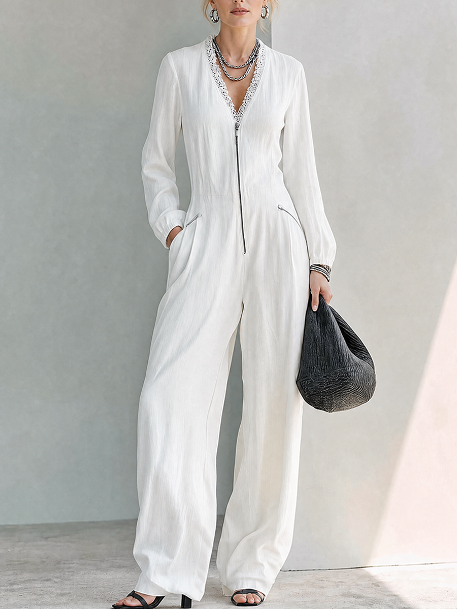 Women's Minimalist Linen-Blend V-Neck Long-Sleeve Wide-Leg Jumpsuit With Lace Trim MDZ0117G7ZRK