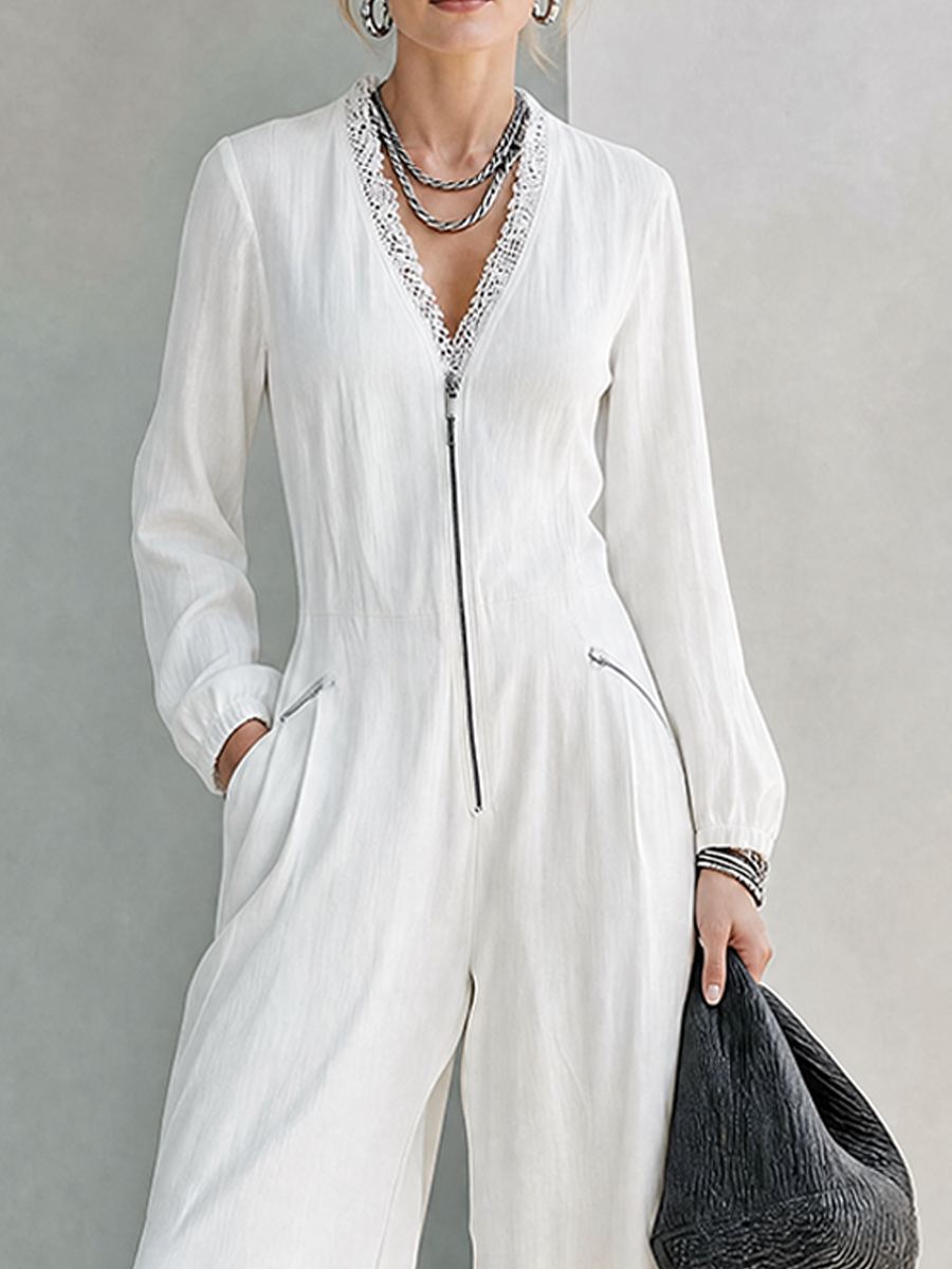 Women's Minimalist Linen-Blend V-Neck Long-Sleeve Wide-Leg Jumpsuit With Lace Trim MDZ0117G7ZRK