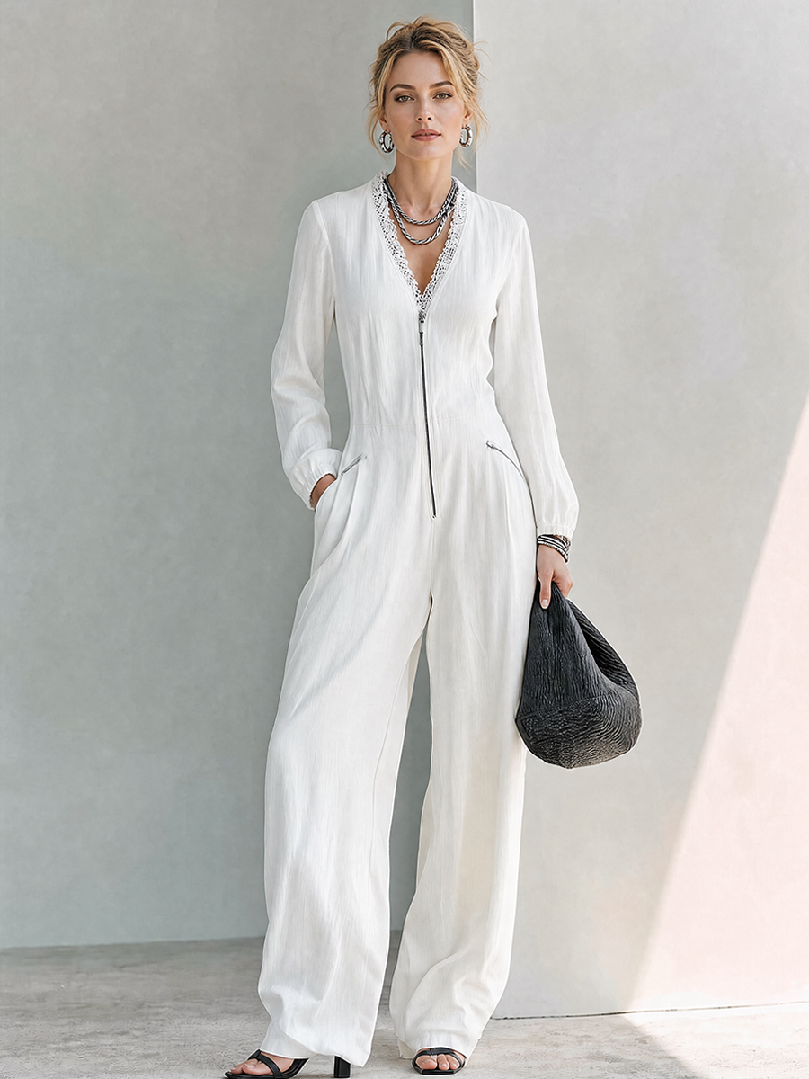 Women's Minimalist Linen-Blend V-Neck Long-Sleeve Wide-Leg Jumpsuit With Lace Trim MDZ0117G7ZRK