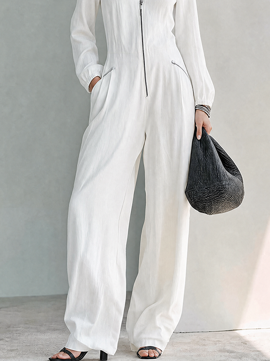 Women's Minimalist Linen-Blend V-Neck Long-Sleeve Wide-Leg Jumpsuit With Lace Trim MDZ0117G7ZRK