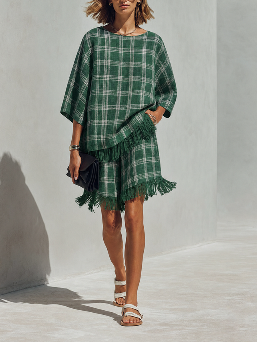 Women's Minimalist Green & White Check Linen-Blend Short-Sleeve Top And Shorts Set MDZ0164G3ZRK