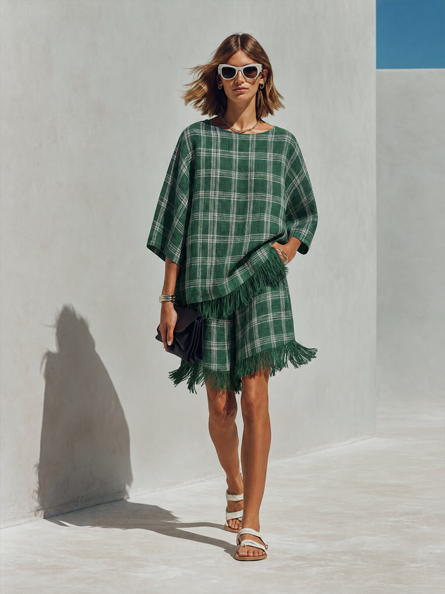 Women's Minimalist Green & White Check Linen-Blend Short-Sleeve Top And Shorts Set MDZ0164G3ZRK