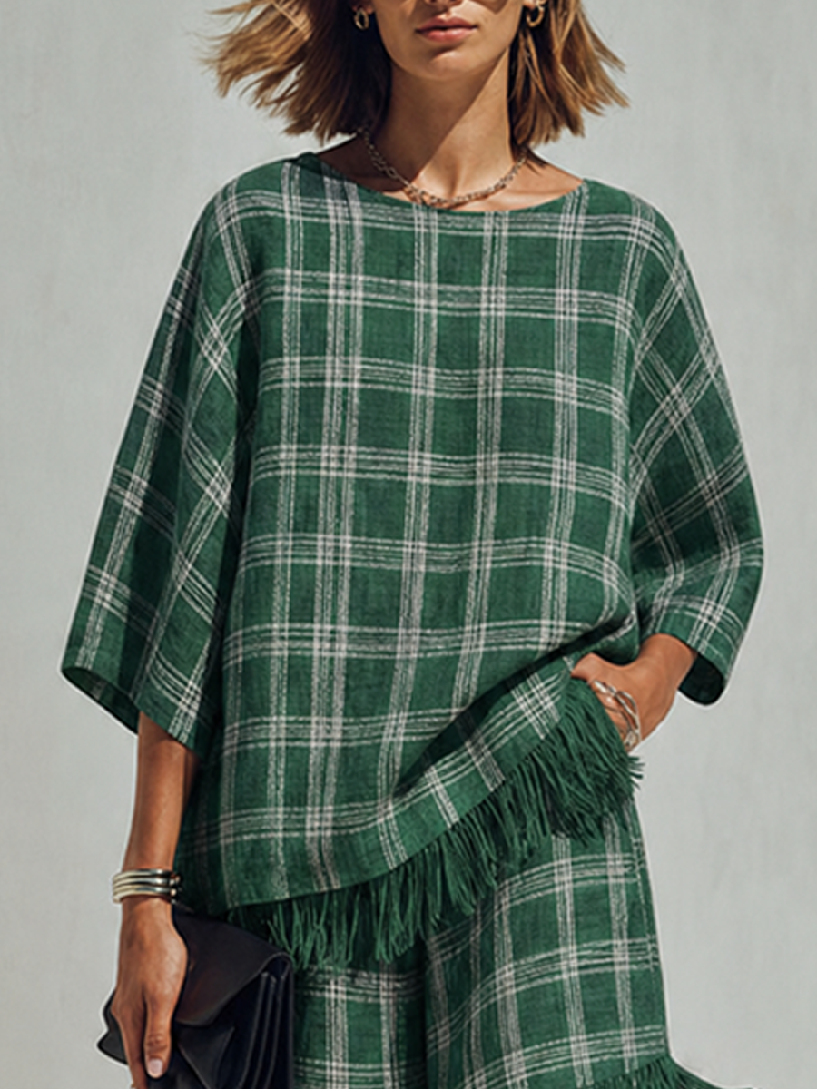Women's Minimalist Green & White Check Linen-Blend Short-Sleeve Top And Shorts Set MDZ0164G3ZRK
