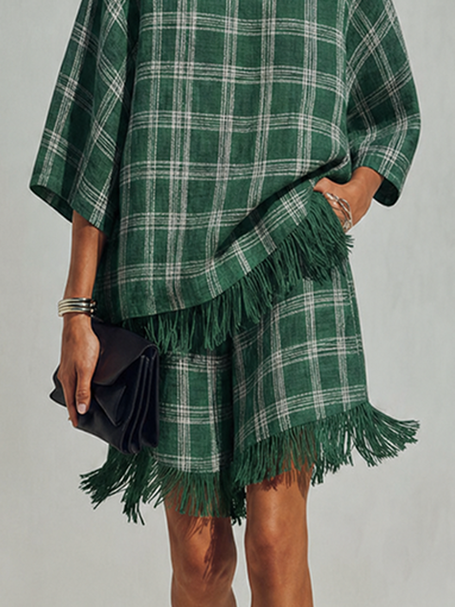 Women's Minimalist Green & White Check Linen-Blend Short-Sleeve Top And Shorts Set MDZ0164G3ZRK