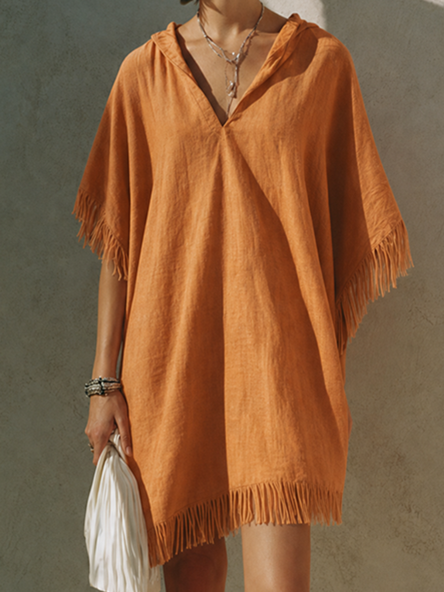 Women's Minimalist Solid Orange Linen Short Dress With Hood, V-Neck, And Tassels MDZ0133G1ZRK