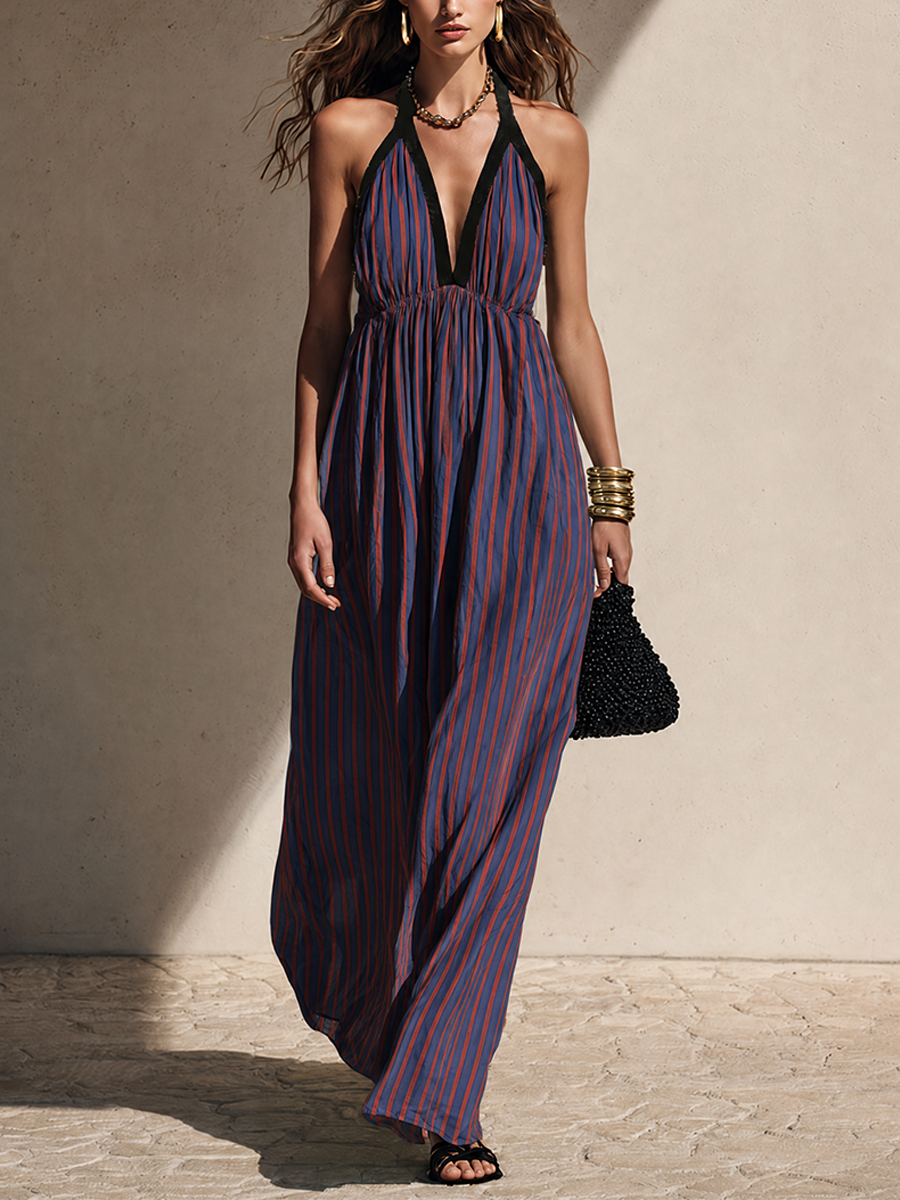 Women's Minimalist Long Dress With Blue & Red Vertical Stripes And Black Trim MDZ0172G5ZRK