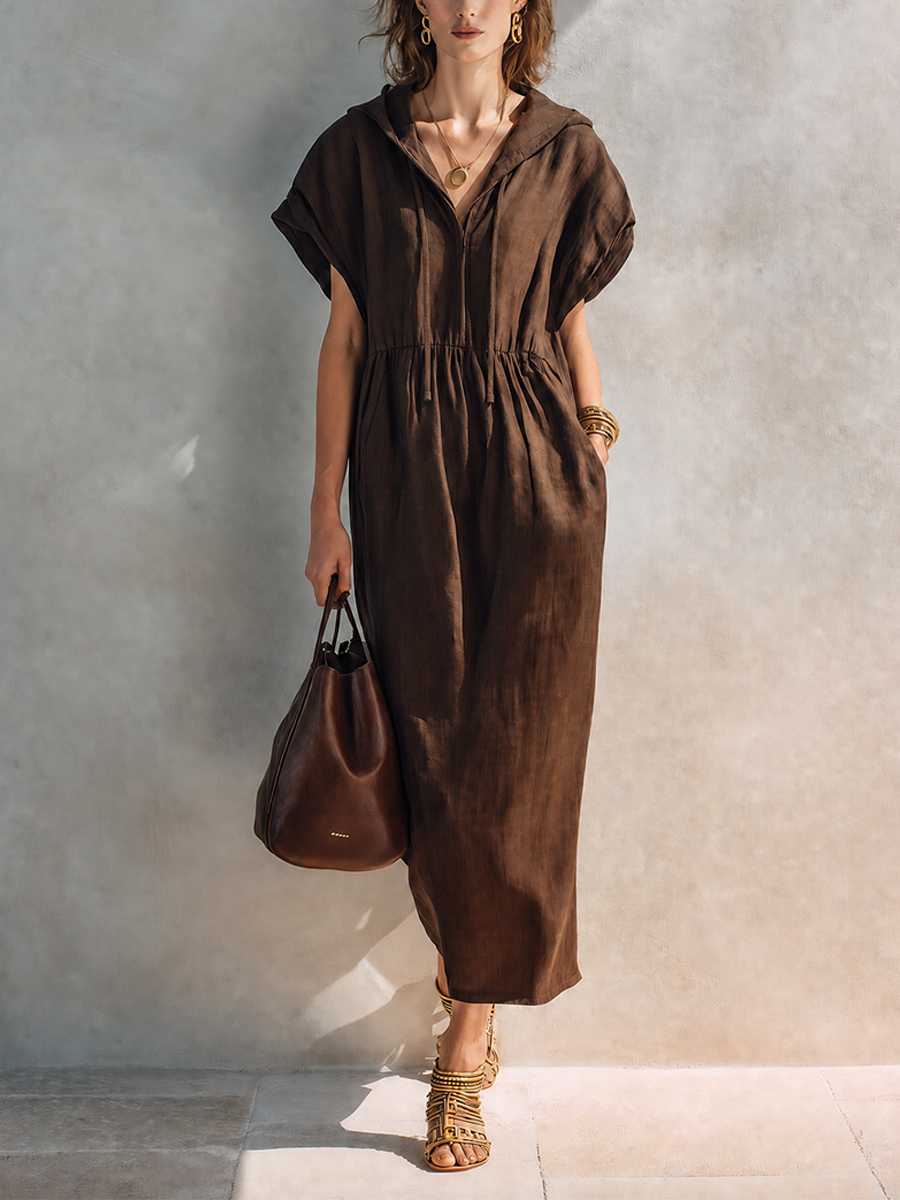 Women's Minimalist Solid Brown Linen Midi Hooded Dress MDZ0195G3ZRK