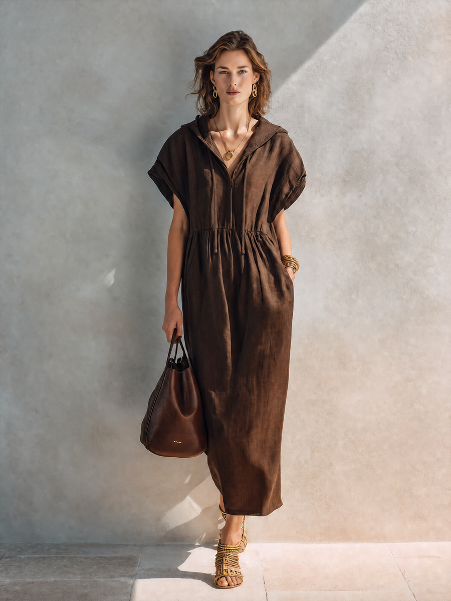 Women's Minimalist Solid Brown Linen Midi Hooded Dress MDZ0195G3ZRK