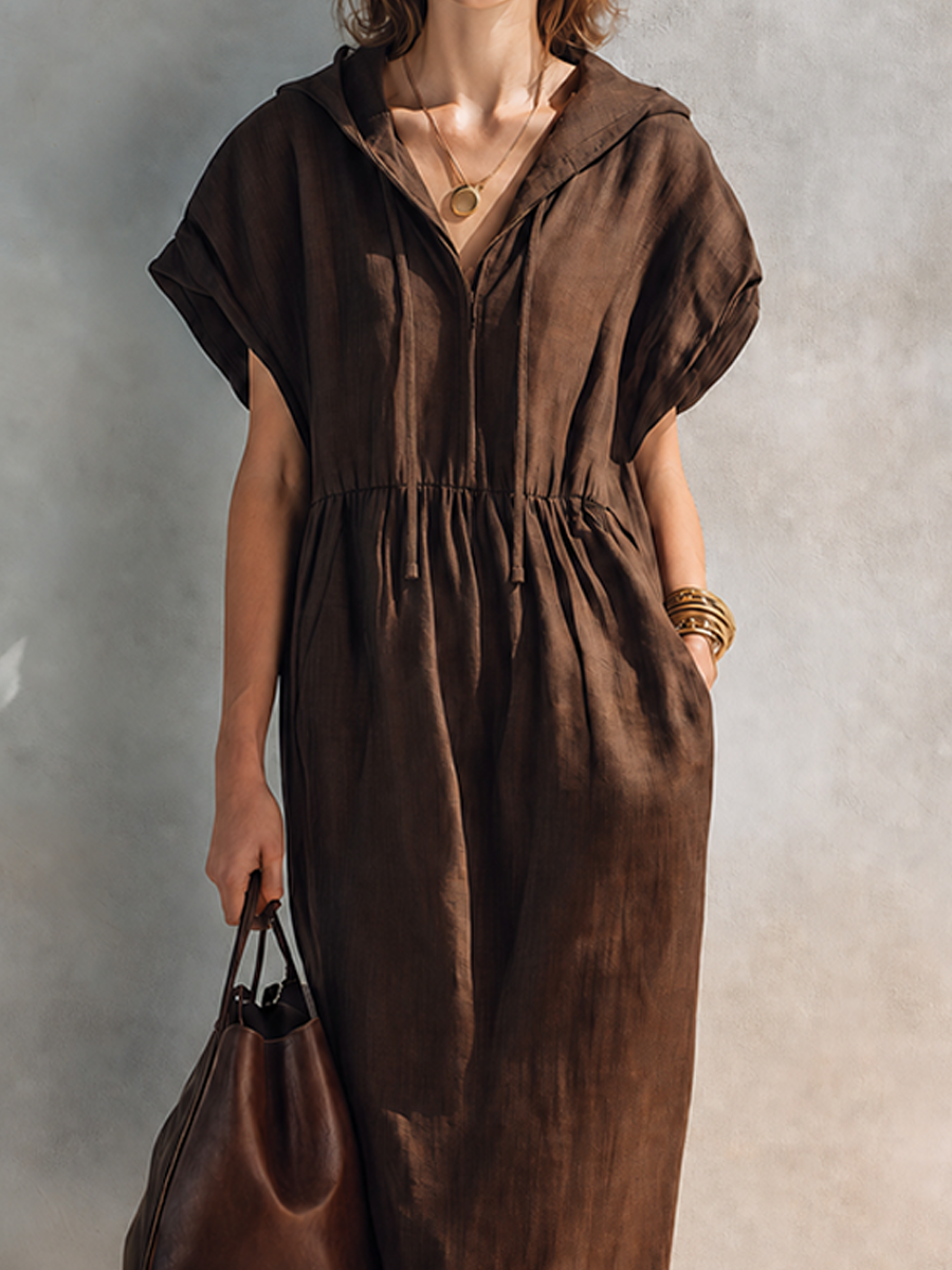 Women's Minimalist Solid Brown Linen Midi Hooded Dress MDZ0195G3ZRK