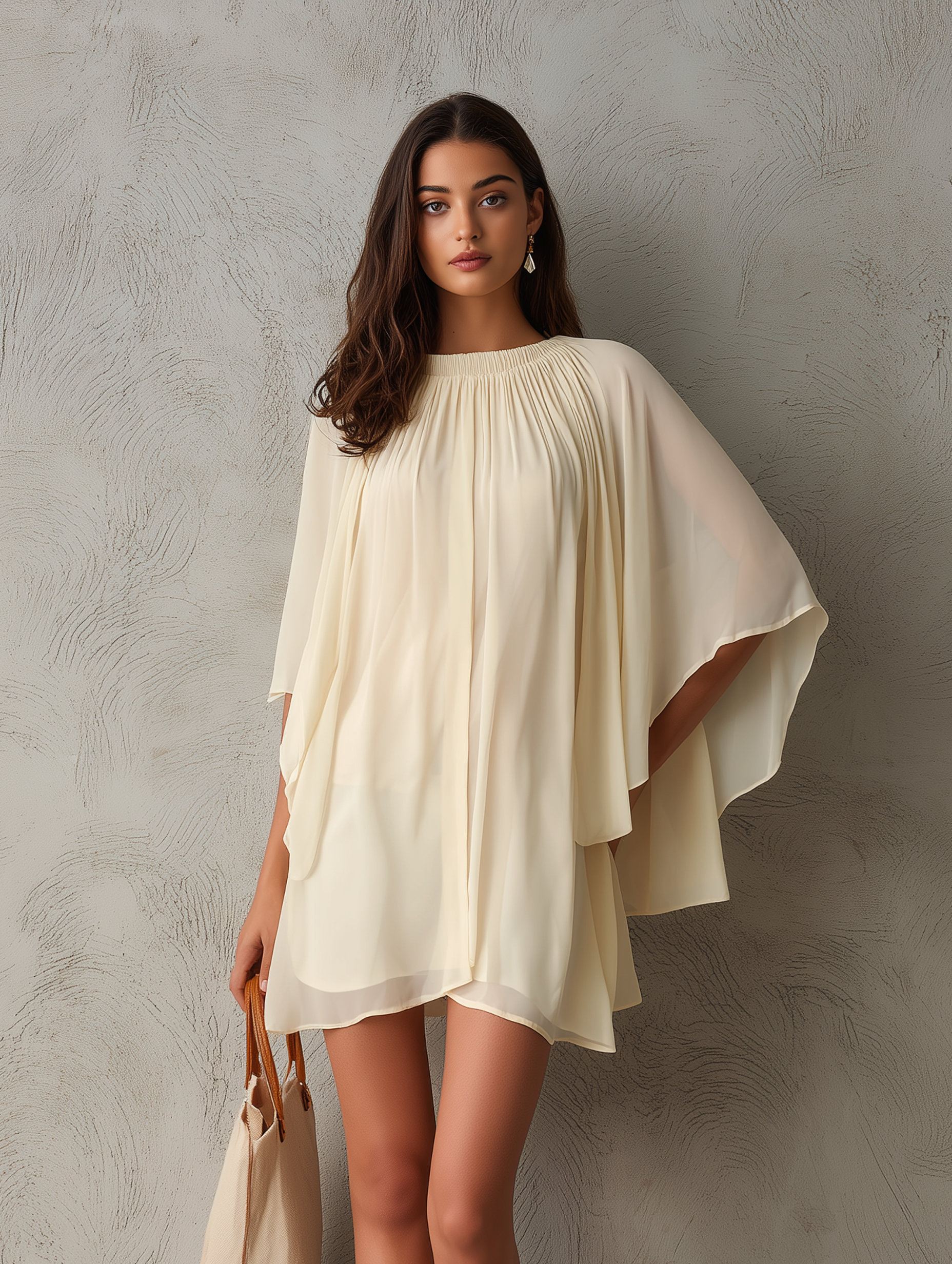 Women's Casual Beige Chiffon Short Dress With Cape Sleeves MDZ0165G8LXY