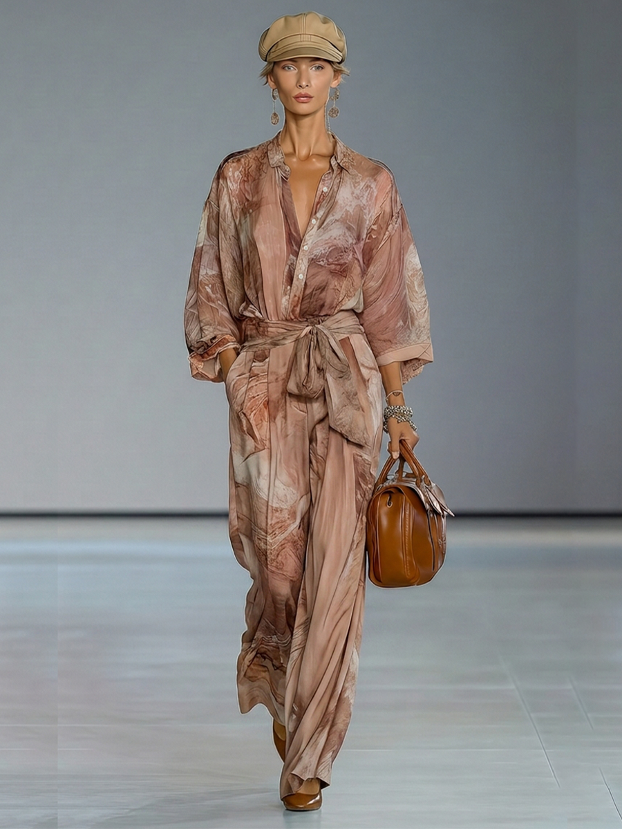 Women's Dusty Pink Print Chiffion Jumpsuit With Collared Half Placket & Self Tie Waist Belt, Modern Elegant Vacation Full Length Jumpsuit MDZ0113G4LYL