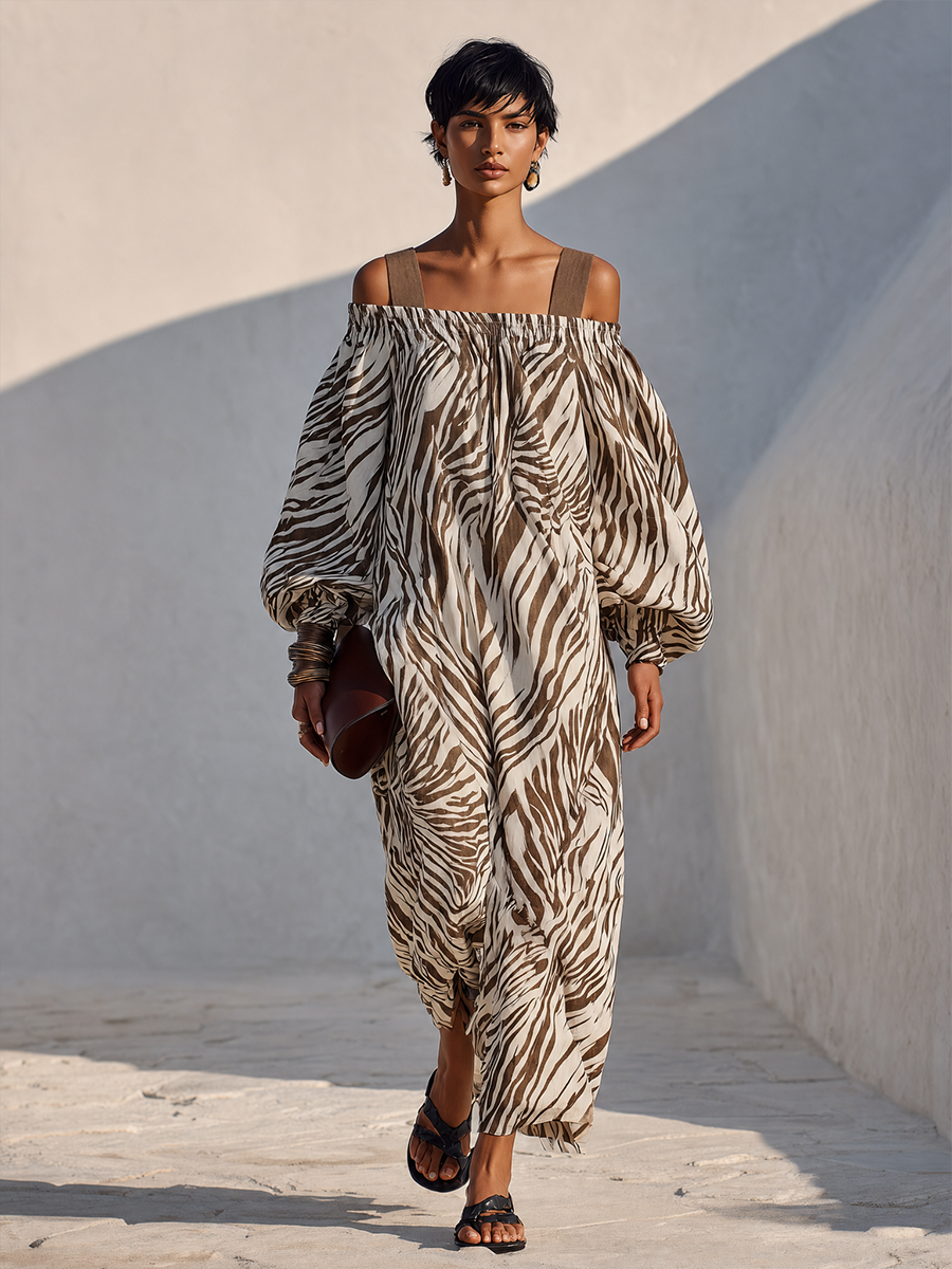 Women's Brown Zebra-Print Linen-Blend Off-Shoulder Maxi Dress MDZ0291G2ZRK