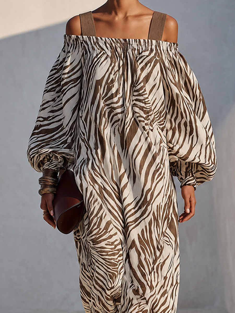 Women's Brown Zebra-Print Linen-Blend Off-Shoulder Maxi Dress MDZ0291G2ZRK