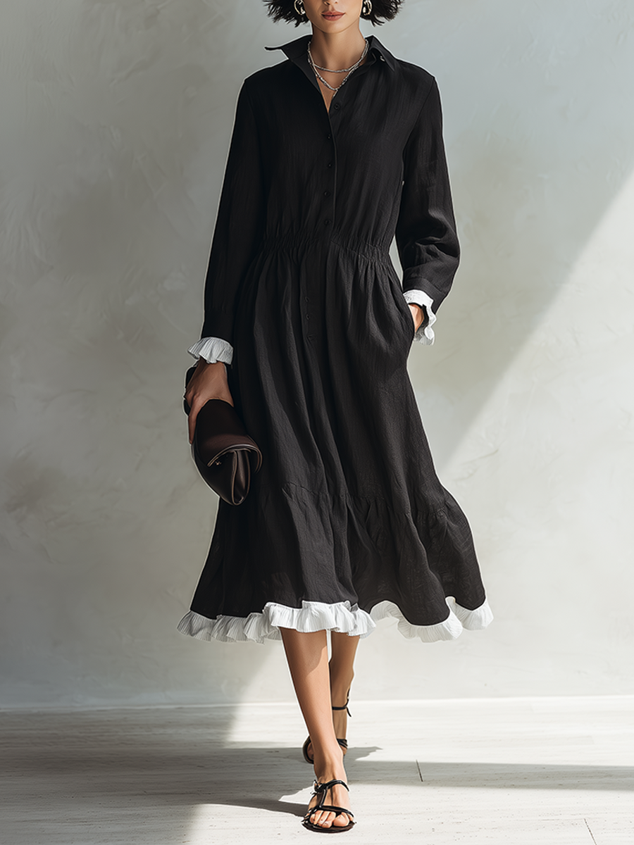 Women's Solid Black Linen Midi Shirt Dress With White Ruffle Accents MDZ0279G2ZRK