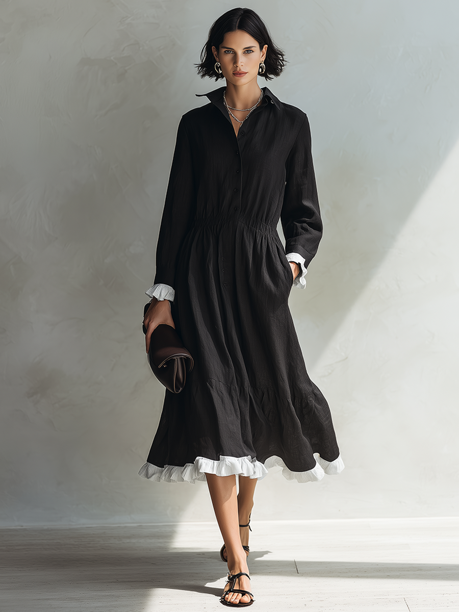 Women's Solid Black Linen Midi Shirt Dress With White Ruffle Accents MDZ0279G2ZRK
