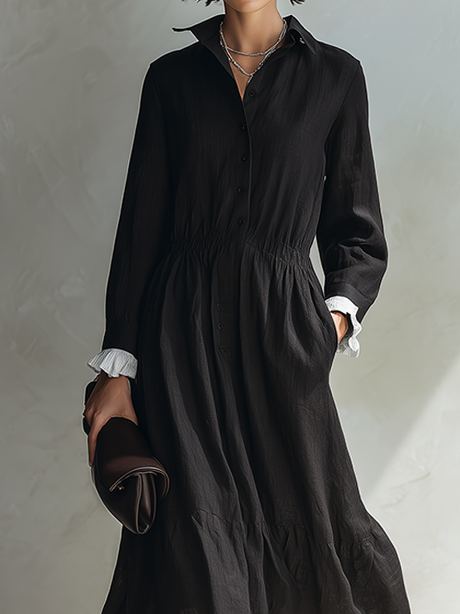 Women's Solid Black Linen Midi Shirt Dress With White Ruffle Accents MDZ0279G2ZRK