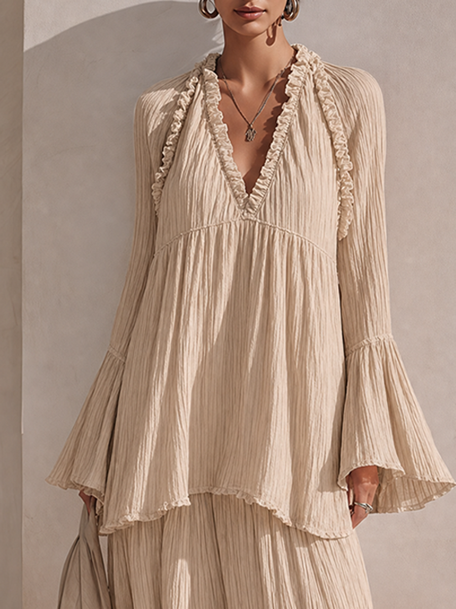 Women's Solid Beige Crinkled-Texture Tiered Ruffle Maxi Dress MDZ0232G9ZRK