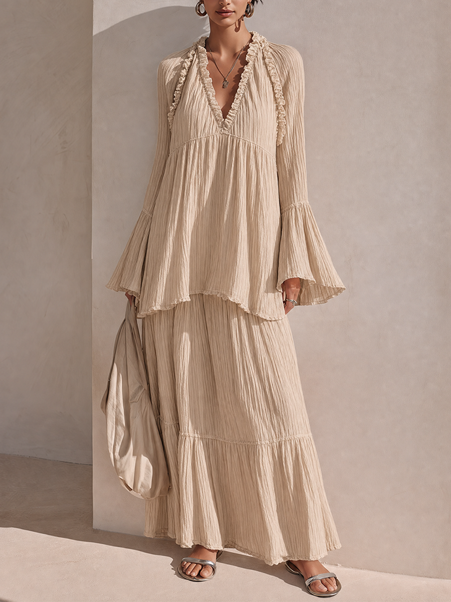 Women's Solid Beige Crinkled-Texture Tiered Ruffle Maxi Dress MDZ0232G9ZRK
